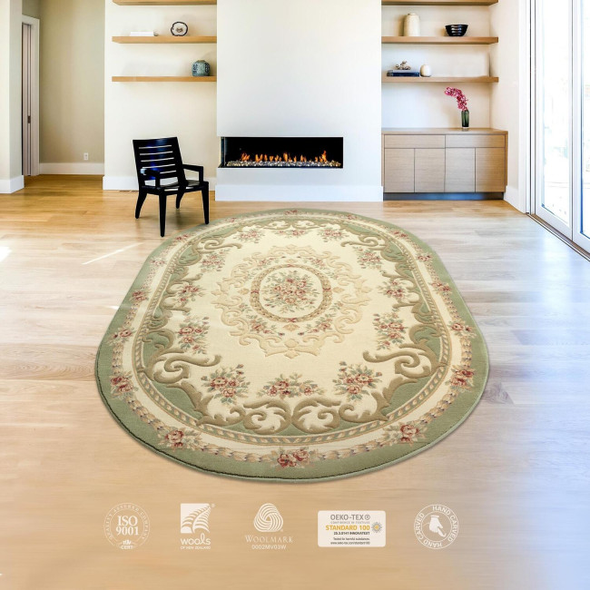 Covor lana Premium, 6504-2-51038, verde/bej/rosu, model clasic,