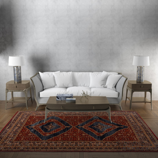 Covor din lana Bella 1400-1-53578, Rosu/Albastru inchis/Maro, design Oriental