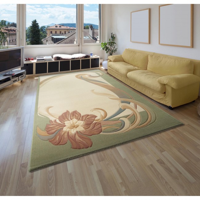 Covor lana Premium, 0281-1-51038, verde/Roz, model floral