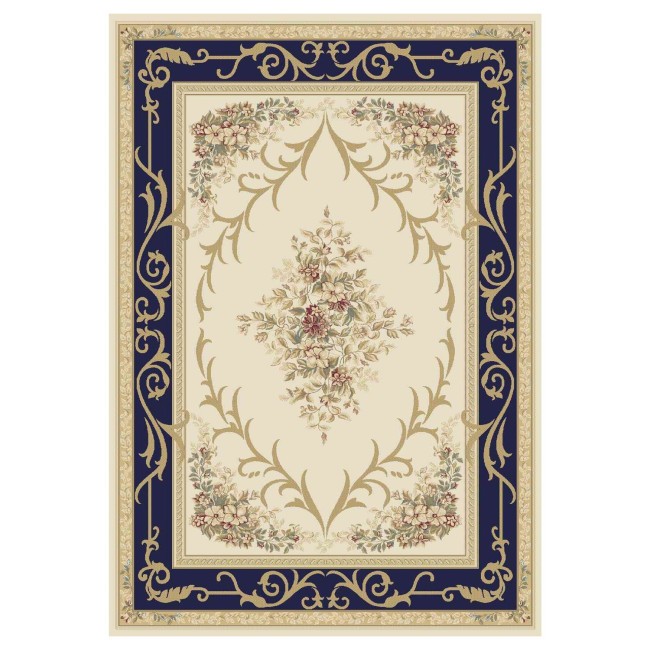 Covor din lana Colectia Premium 2518-1-51013, Bej/Albastru inchis, design Clasic
