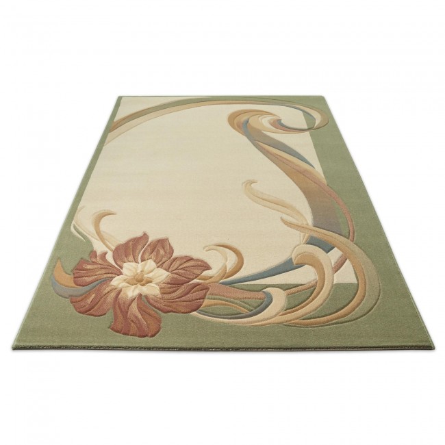 Covor lana Premium, 0281-1-51038, verde/Roz, model floral